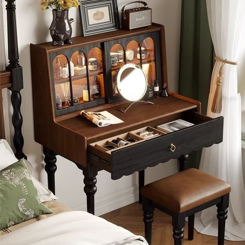 Traditioneller rechteckiger Vintage-Schminktisch aus Kiefernholz und Glas mit 1 Schublade fürs Schlafzimmer 