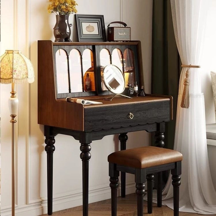 Traditioneller rechteckiger Vintage-Schminktisch aus Kiefernholz und Glas mit 1 Schublade fürs Schlafzimmer 