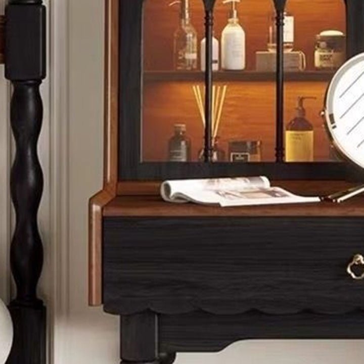 Traditioneller rechteckiger Vintage-Schminktisch aus Kiefernholz und Glas mit 1 Schublade fürs Schlafzimmer 