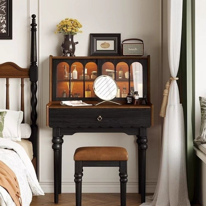 Traditioneller rechteckiger Vintage-Schminktisch aus Kiefernholz und Glas mit 1 Schublade fürs Schlafzimmer 