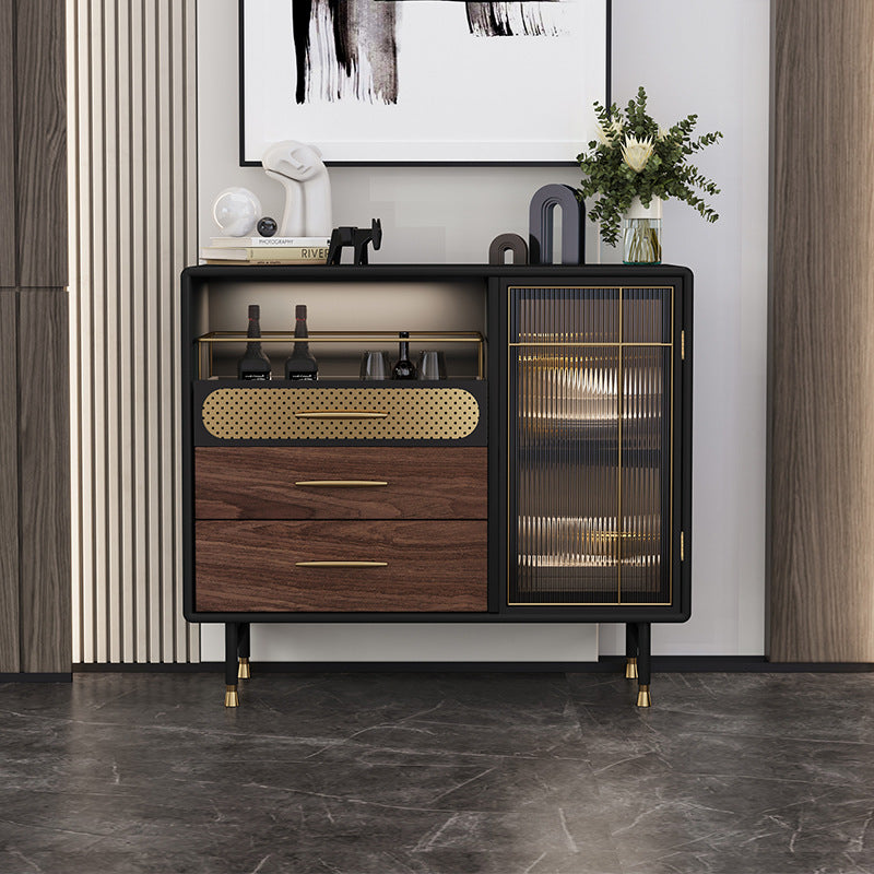 Table console moderne de luxe rectangulaire en bois, acier inoxydable, verre et cuivre avec 1 armoire pour entrée 