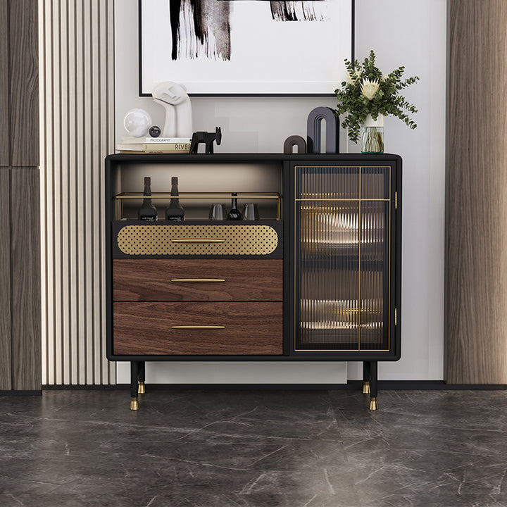 Table console moderne de luxe rectangulaire en bois, acier inoxydable, verre et cuivre avec 1 armoire pour entrée 