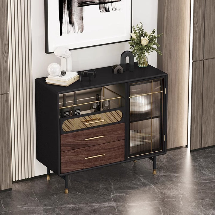 Table console moderne de luxe rectangulaire en bois, acier inoxydable, verre et cuivre avec 1 armoire pour entrée 