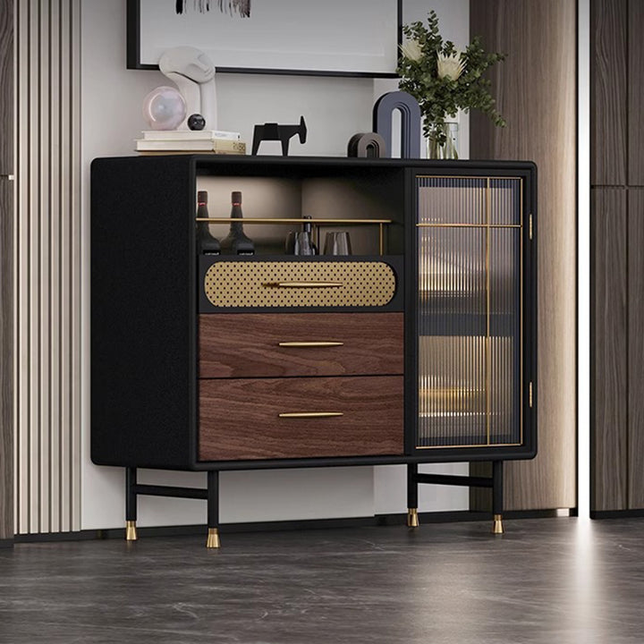 Table console moderne de luxe rectangulaire en bois, acier inoxydable, verre et cuivre avec 1 armoire pour entrée 