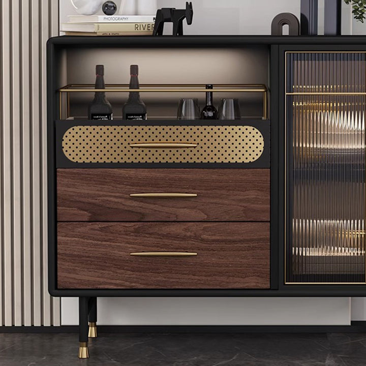 Table console moderne de luxe rectangulaire en bois, acier inoxydable, verre et cuivre avec 1 armoire pour entrée 
