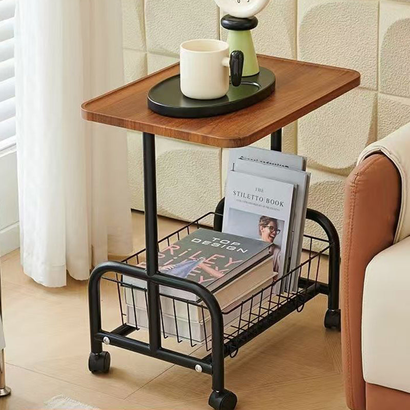 Modern Minimalist Removable Rectangular Iron Wood Side Table 2-Tier For Living Room