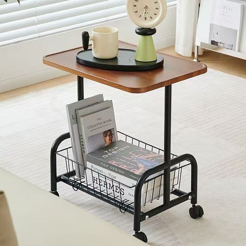 Modern Minimalist Removable Rectangular Iron Wood Side Table 2-Tier For Living Room