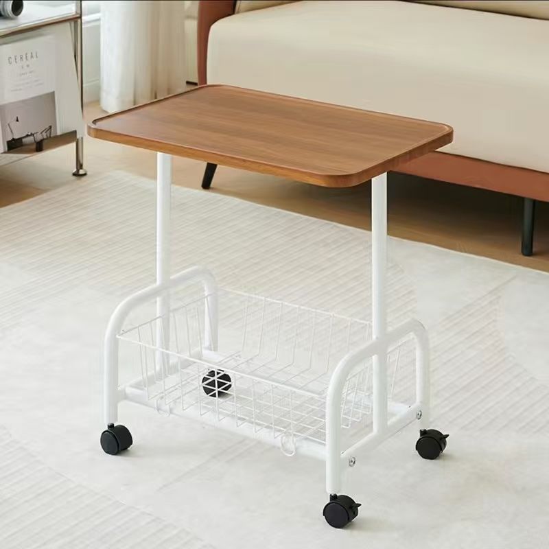 Modern Minimalist Removable Rectangular Iron Wood Side Table 2-Tier For Living Room