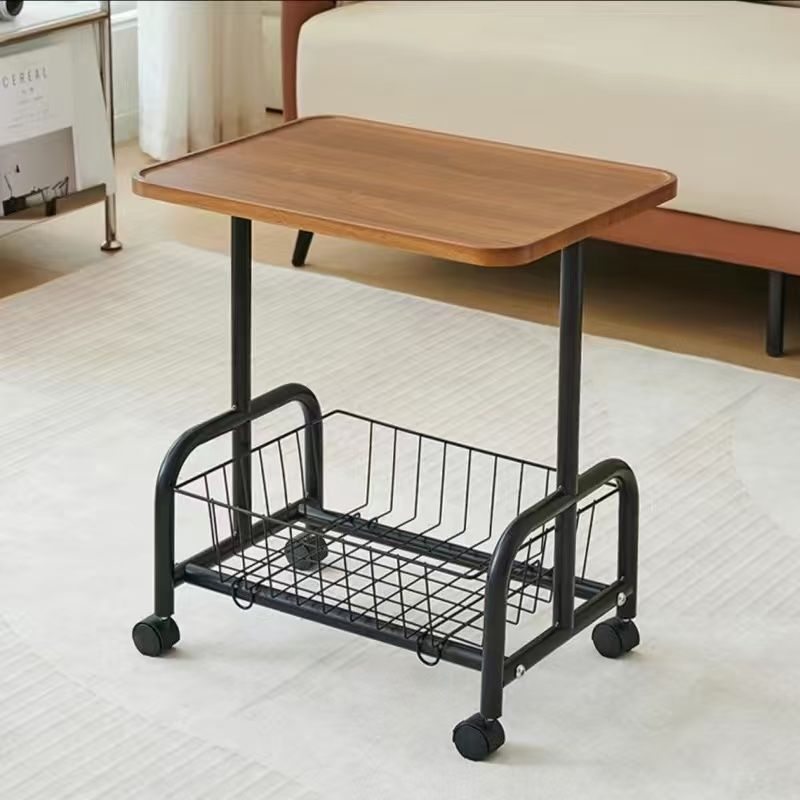 Modern Minimalist Removable Rectangular Iron Wood Side Table 2-Tier For Living Room