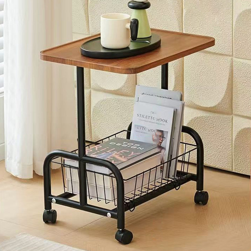 Modern Minimalist Removable Rectangular Iron Wood Side Table 2-Tier For Living Room