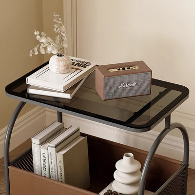 Contemporary Scandinavian Removable Rectangular Iron Leather Glass Side Table 2-Tier For Living Room