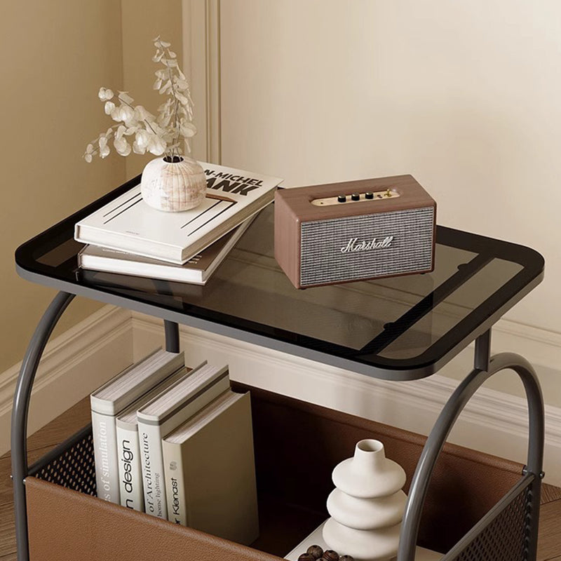 Contemporary Scandinavian Removable Rectangular Iron Leather Glass Side Table 2-Tier For Living Room