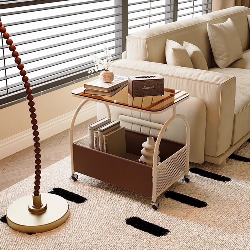 Contemporary Scandinavian Removable Rectangular Iron Leather Glass Side Table 2-Tier For Living Room