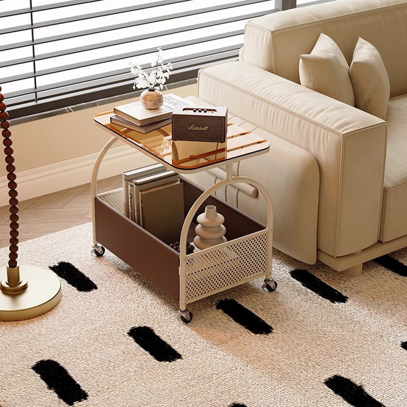 Contemporary Scandinavian Removable Rectangular Iron Leather Glass Side Table 2-Tier For Living Room