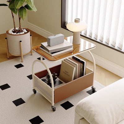 Contemporary Scandinavian Removable Rectangular Iron Leather Glass Side Table 2-Tier For Living Room