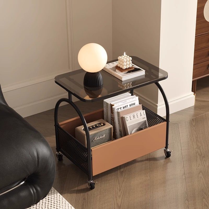 Contemporary Scandinavian Removable Rectangular Iron Leather Glass Side Table 2-Tier For Living Room