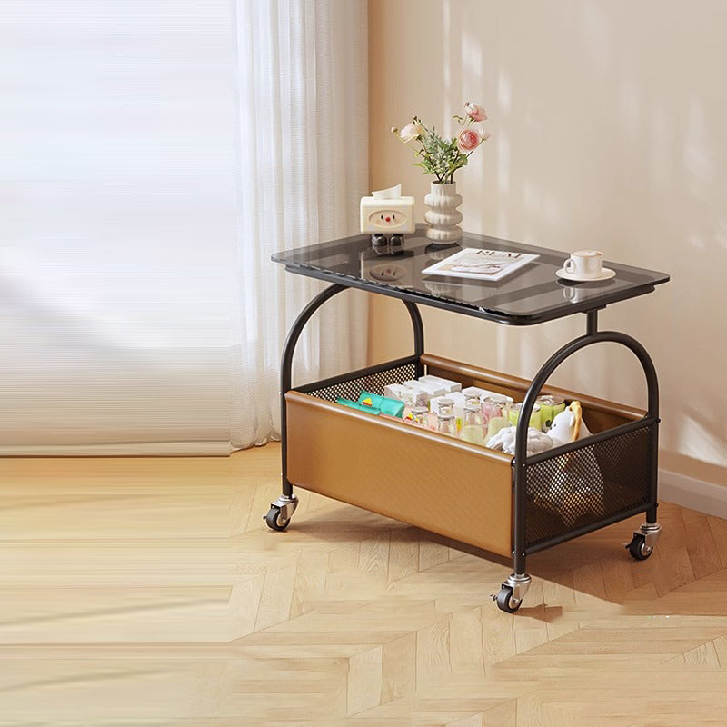 Contemporary Scandinavian Removable Rectangular Iron Leather Glass Side Table 2-Tier For Living Room