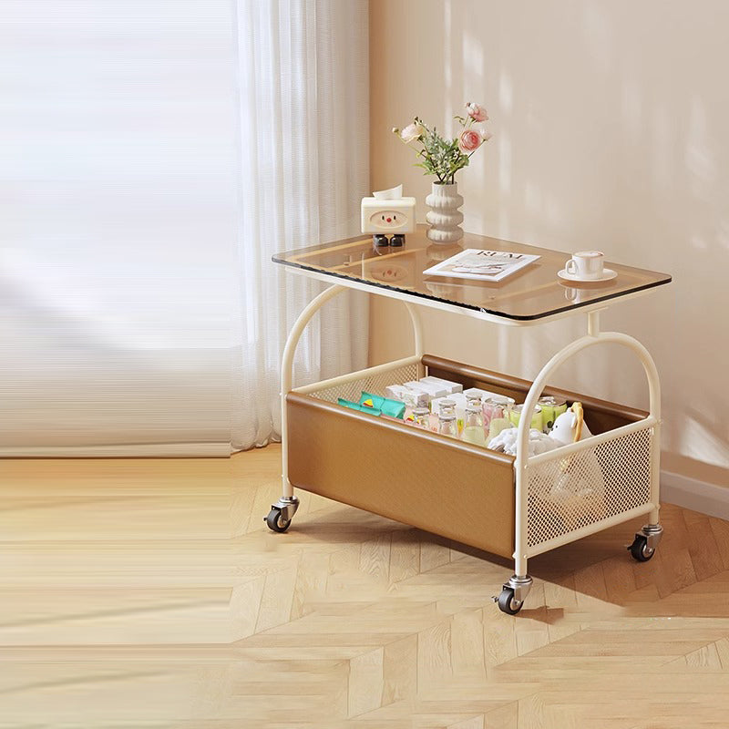 Contemporary Scandinavian Removable Rectangular Iron Leather Glass Side Table 2-Tier For Living Room