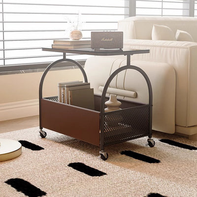Contemporary Scandinavian Removable Rectangular Iron Leather Glass Side Table 2-Tier For Living Room