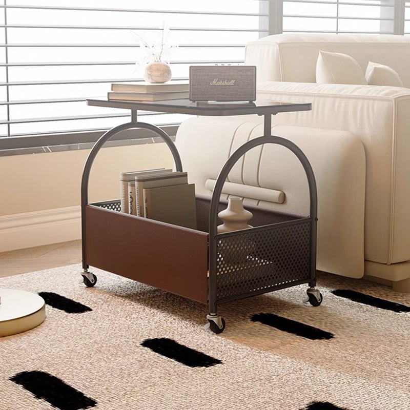 Contemporary Scandinavian Removable Rectangular Iron Leather Glass Side Table 2-Tier For Living Room