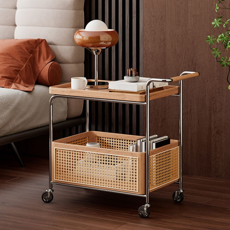 Contemporary Scandinavian Removable Rectangular Stainless Steel Wood Side Table 2-Tier For Living Room