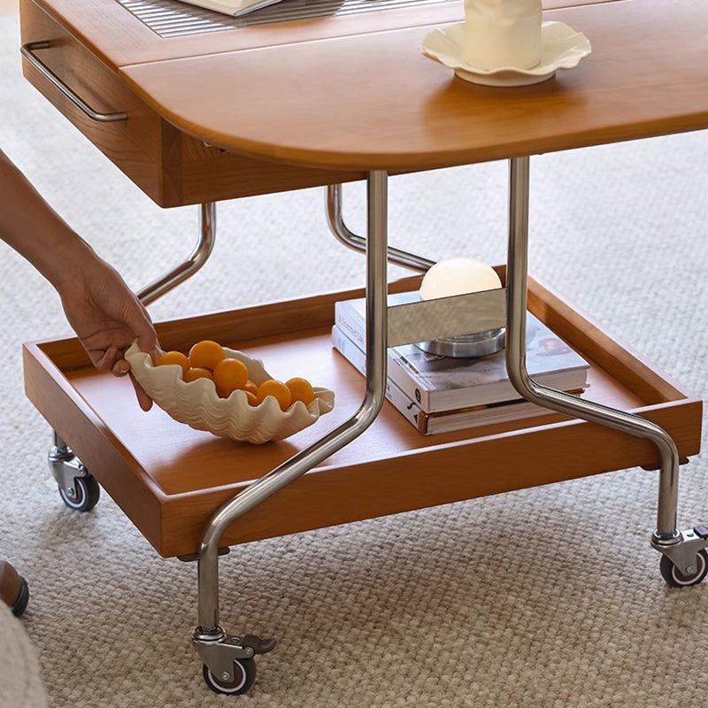 Mesa de café moderna minimalista extraíble plegable rectangular ovalada de acero inoxidable con madera de cerezo y vidrio de 2 cajones para sala de estar 
