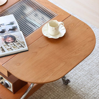 Mesa de café moderna minimalista extraíble plegable rectangular ovalada de acero inoxidable con madera de cerezo y vidrio de 2 cajones para sala de estar 