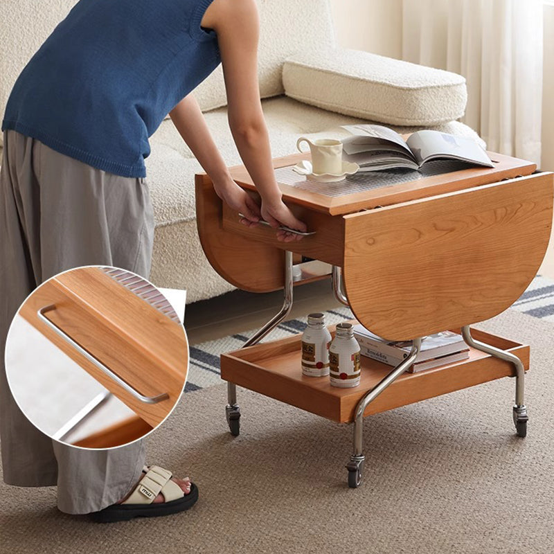 Mesa de café moderna minimalista extraíble plegable rectangular ovalada de acero inoxidable con madera de cerezo y vidrio de 2 cajones para sala de estar 