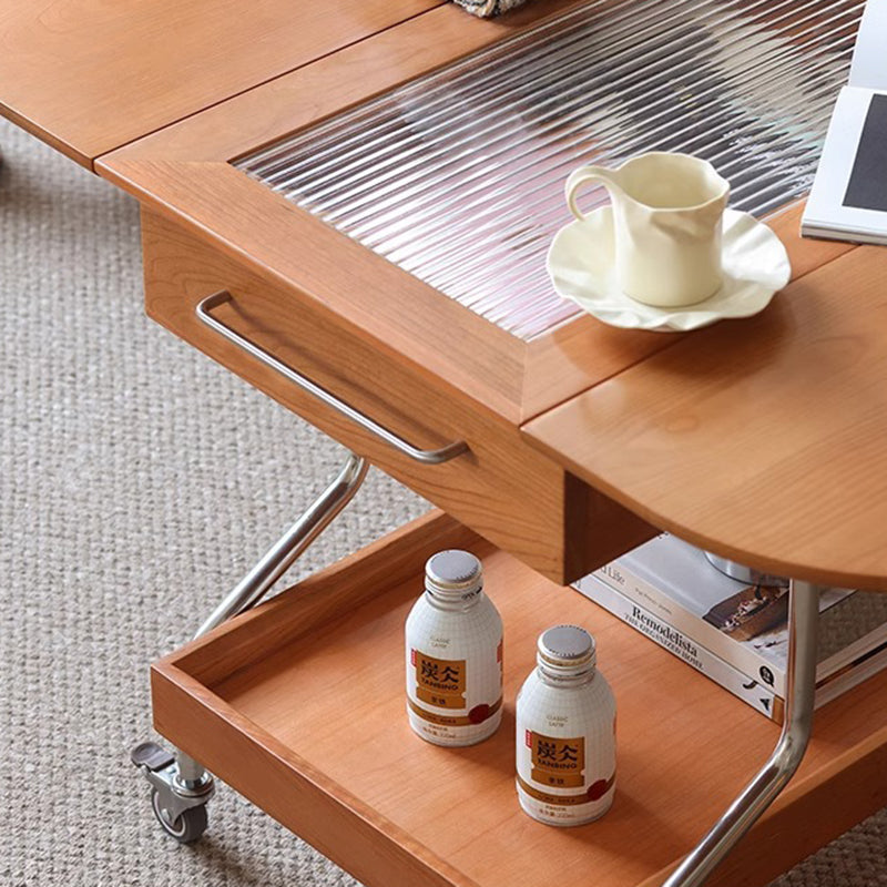 Mesa de café moderna minimalista extraíble plegable rectangular ovalada de acero inoxidable con madera de cerezo y vidrio de 2 cajones para sala de estar 
