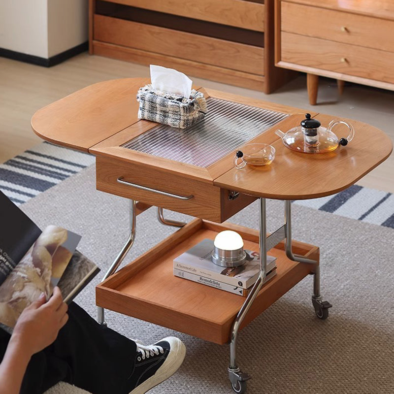 Mesa de café moderna minimalista extraíble plegable rectangular ovalada de acero inoxidable con madera de cerezo y vidrio de 2 cajones para sala de estar 