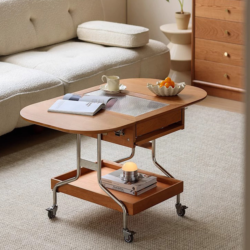 Mesa de café moderna minimalista extraíble plegable rectangular ovalada de acero inoxidable con madera de cerezo y vidrio de 2 cajones para sala de estar 