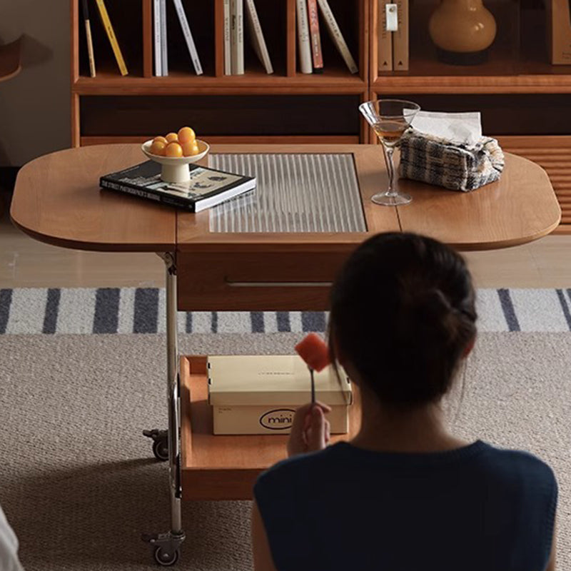 Mesa de café moderna minimalista extraíble plegable rectangular ovalada de acero inoxidable con madera de cerezo y vidrio de 2 cajones para sala de estar 