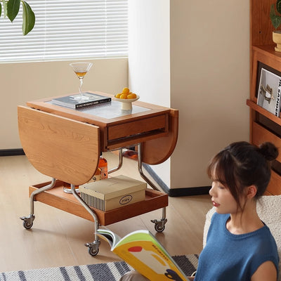 Mesa de café moderna minimalista extraíble plegable rectangular ovalada de acero inoxidable con madera de cerezo y vidrio de 2 cajones para sala de estar 