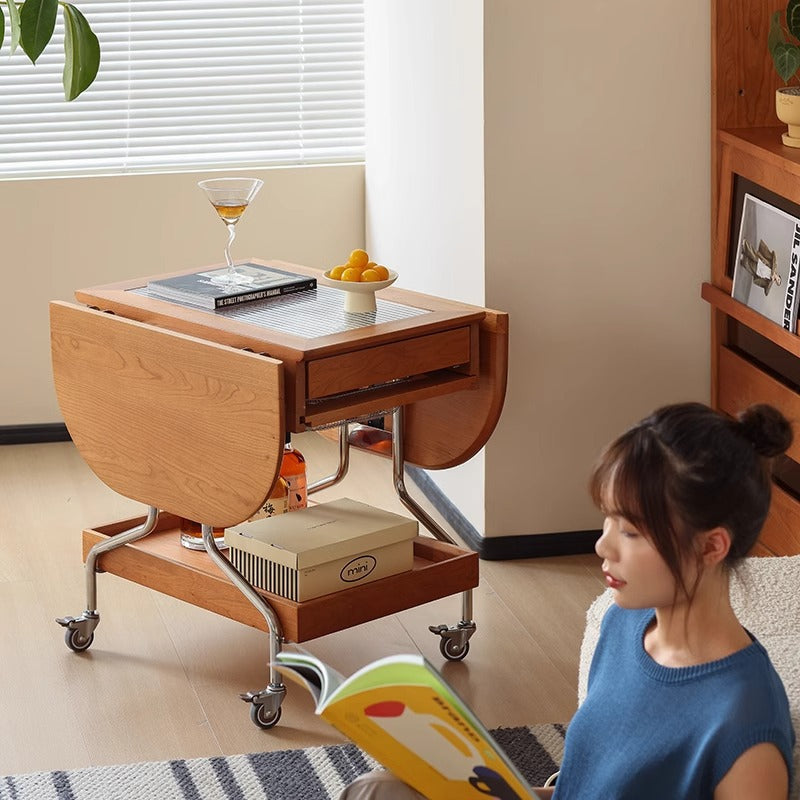 Mesa de café moderna minimalista extraíble plegable rectangular ovalada de acero inoxidable con madera de cerezo y vidrio de 2 cajones para sala de estar 