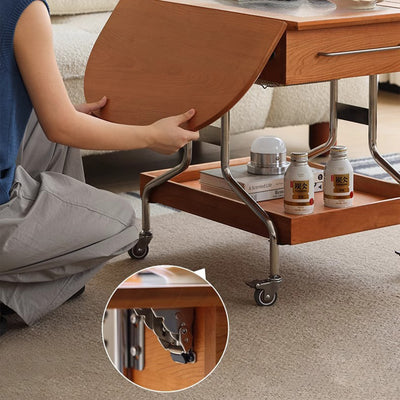 Mesa de café moderna minimalista extraíble plegable rectangular ovalada de acero inoxidable con madera de cerezo y vidrio de 2 cajones para sala de estar 