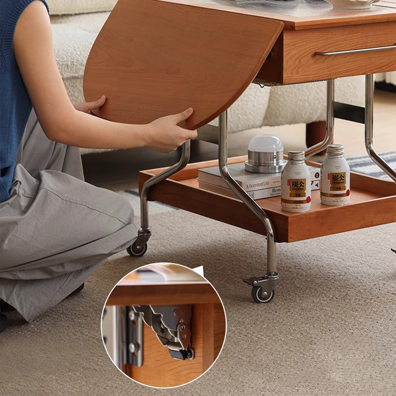 Mesa de café moderna minimalista extraíble plegable rectangular ovalada de acero inoxidable con madera de cerezo y vidrio de 2 cajones para sala de estar 