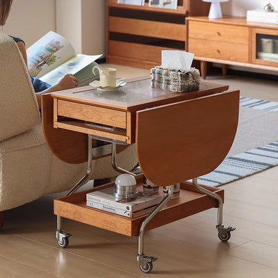 Mesa de café moderna minimalista extraíble plegable rectangular ovalada de acero inoxidable con madera de cerezo y vidrio de 2 cajones para sala de estar 