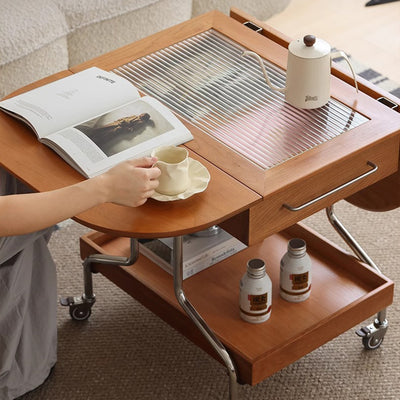 Mesa de café moderna minimalista extraíble plegable rectangular ovalada de acero inoxidable con madera de cerezo y vidrio de 2 cajones para sala de estar 