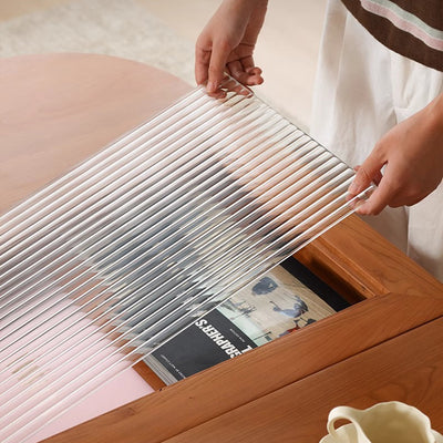 Mesa de café moderna minimalista extraíble plegable rectangular ovalada de acero inoxidable con madera de cerezo y vidrio de 2 cajones para sala de estar 