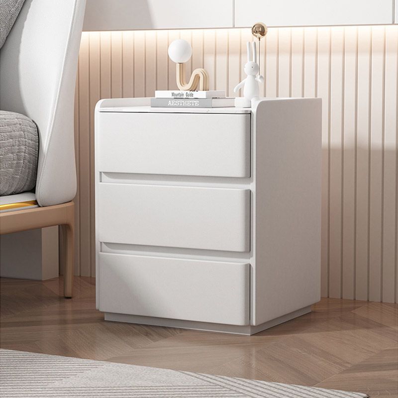 Mesita de noche rectangular moderna y minimalista de madera de pino, cuero resistente a los arañazos de gato y losa de roca, con 3 cajones, para dormitorio 