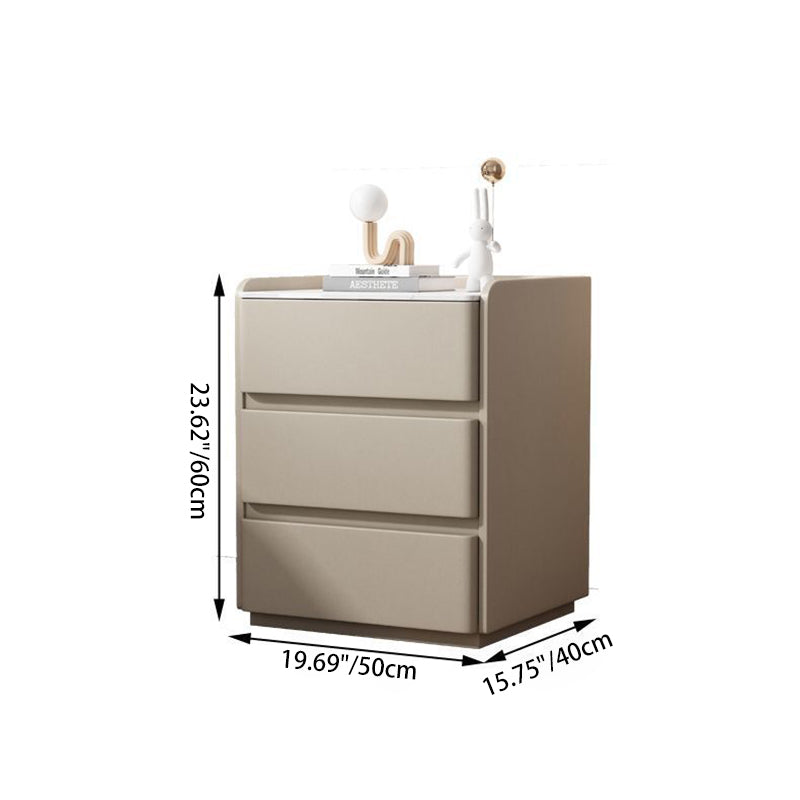 Mesita de noche rectangular moderna y minimalista de madera de pino, cuero resistente a los arañazos de gato y losa de roca, con 3 cajones, para dormitorio 