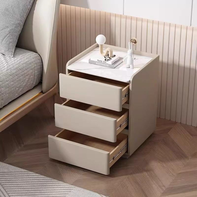 Mesita de noche rectangular moderna y minimalista de madera de pino, cuero resistente a los arañazos de gato y losa de roca, con 3 cajones, para dormitorio 