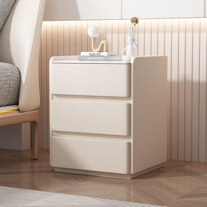 Mesita de noche rectangular moderna y minimalista de madera de pino, cuero resistente a los arañazos de gato y losa de roca, con 3 cajones, para dormitorio 