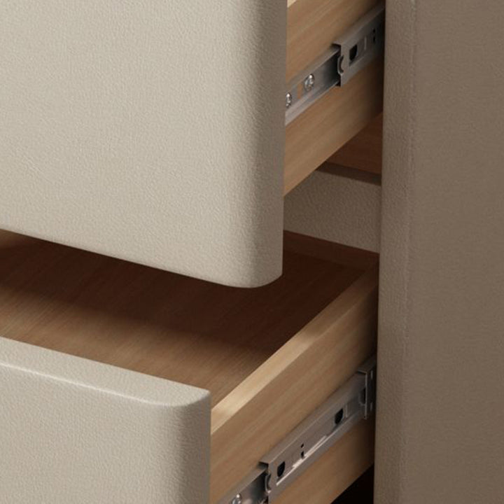 Mesita de noche rectangular moderna y minimalista de madera de pino, cuero resistente a los arañazos de gato y losa de roca, con 3 cajones, para dormitorio 