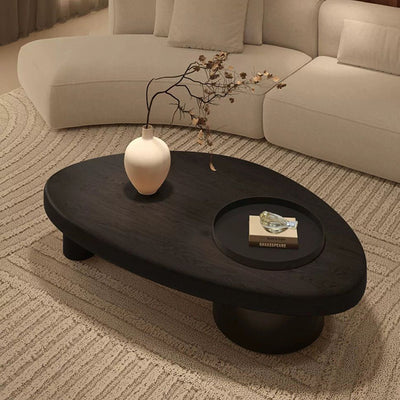 Mesa de café moderna minimalista de triángulo alienígena de madera y hierro con 1 almacenamiento para sala de estar 