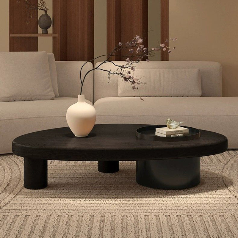 Mesa de café moderna minimalista de triángulo alienígena de madera y hierro con 1 almacenamiento para sala de estar 