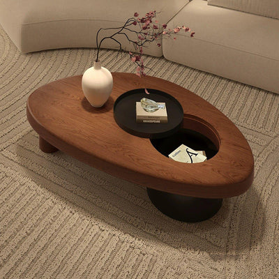 Mesa de café moderna minimalista de triángulo alienígena de madera y hierro con 1 almacenamiento para sala de estar 