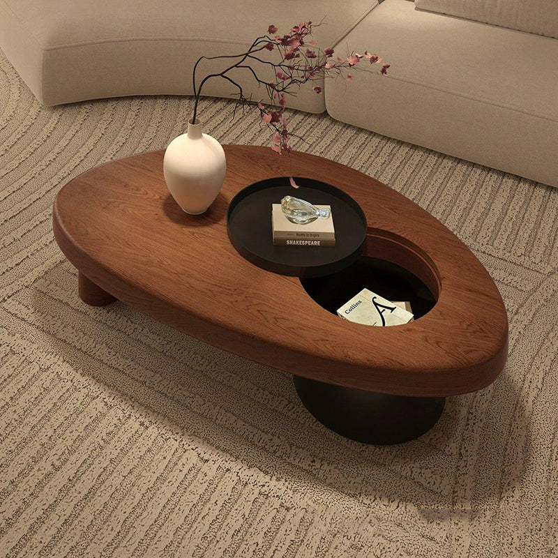 Mesa de café moderna minimalista de triángulo alienígena de madera y hierro con 1 almacenamiento para sala de estar 
