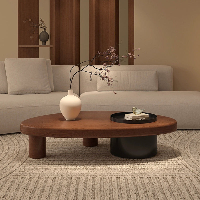 Mesa de café moderna minimalista de triángulo alienígena de madera y hierro con 1 almacenamiento para sala de estar 