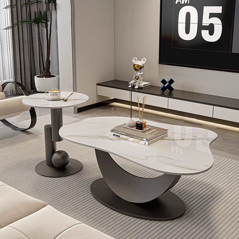Contemporary Scandinavian Cloud Shape Irregular Oval Iron Rock Slab Coffee Table For Living Room